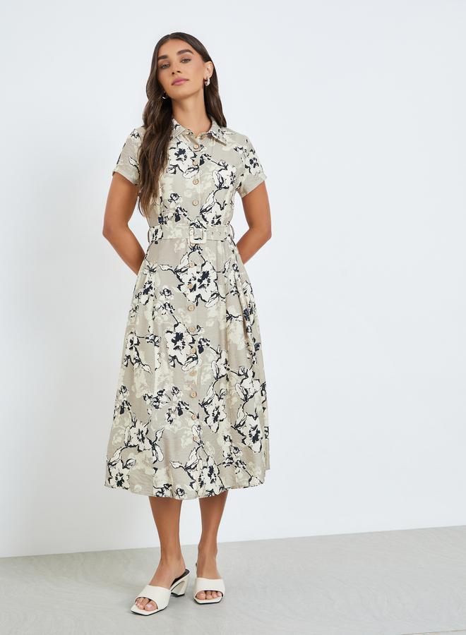 Styli Women Beige Floral Short Sleeves Shirt Midi Dress - Image 2